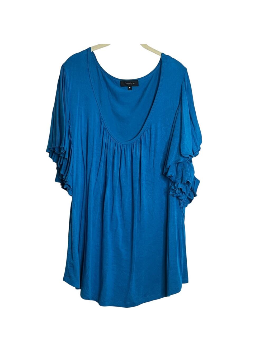Karen Kane Womens Top 3X Teal Ruffle Flutter Sleeve Scoop Neck Rayon Spandex USA